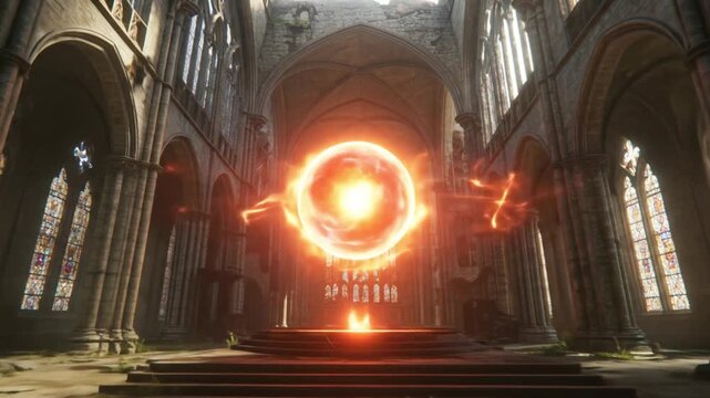 Glowing orb in a ruined cathedral