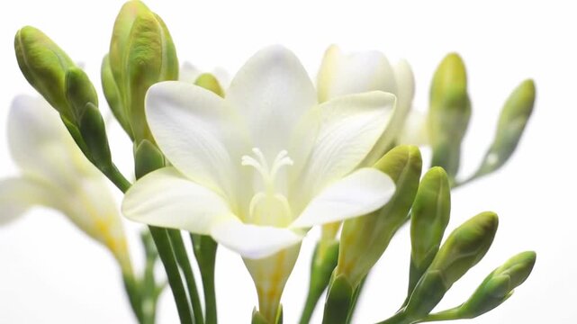 Time lapse close up of white freesia flowers blooming from buds to full blossom on white background