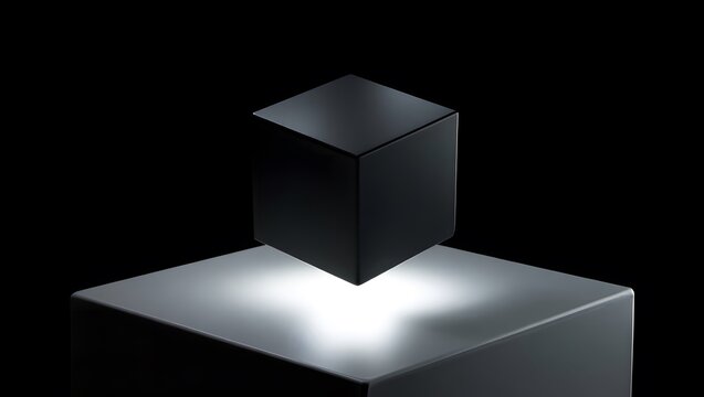 Black cube levitating above illuminated pedestal dark background