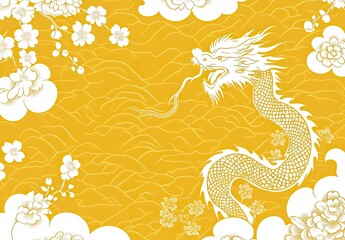 A golden background with traditional Japanese patterns and elements of the Year of the Dragon