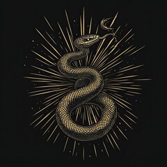 A golden line drawing of an elegant snake, coiled and rising upwards 