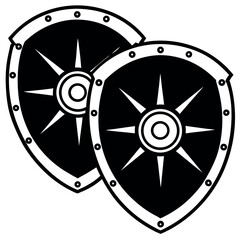 Fototapeta premium Two stylized bucklers display a central radial design, bordered by rivets, with transparent backdrop