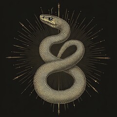 A golden line drawing of an elegant snake, coiled and rising upwards 