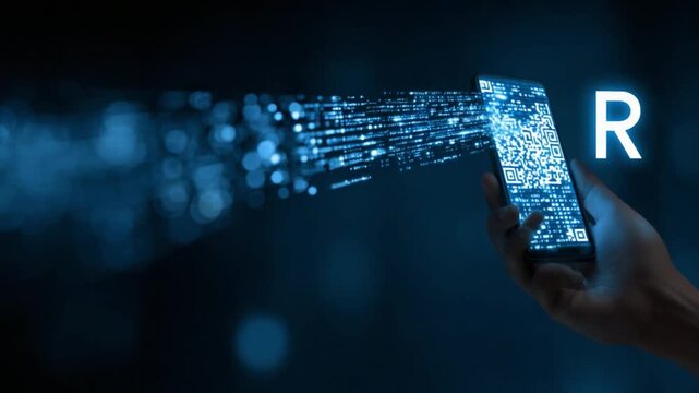 Modern Technology Concept with Hand Holding Smartphone Displaying Digital Data and Code Representation in Dark Background