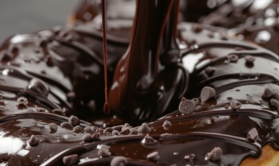 Chocolate glaze poured on donut with chips overhead food still life