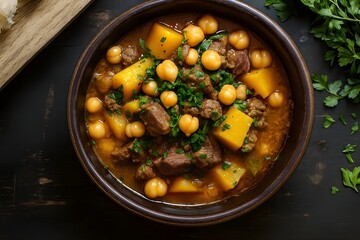 Delicious Moroccan Stew with Chickpeas, Meat, and Vegetables in a Bowl