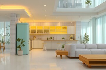 Modern kitchen interior with teal refrigerator and yellow cabinets, bright and airy space