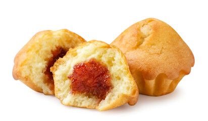 Muffin and two halves with jam close-up on a white. Isolated
