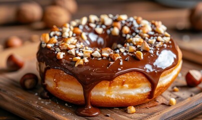 Chocolate glazed donut topped with nuts on wood board delicious dessert