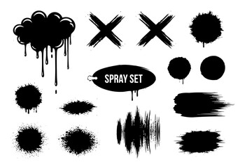 Vector art of a collection of black spray paint splatters and brush strokes