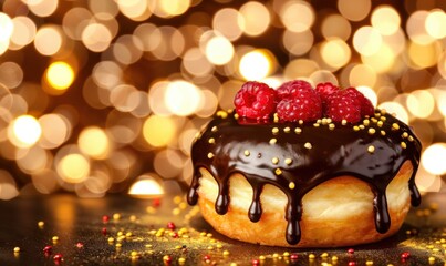 Chocolate glazed donut with raspberries and golden sprinkles delicious treat