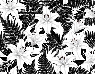 Monochrome floral pattern featuring lilies and ferns (9)