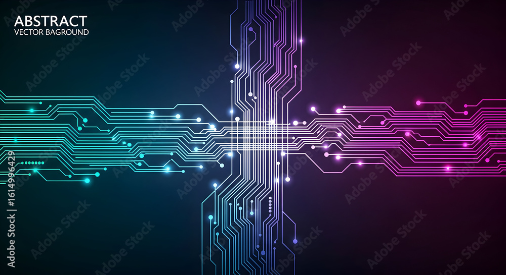 Poster vibrant abstract digital circuit board with glowing lines connecting diverse technologies and futuri