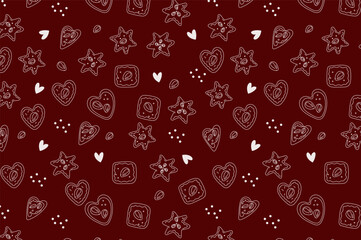 Seamless pattern  of German Christmas tradition elements. German Christmas Cookies and hearts. Vector doodle line art hand drawn  illustration.