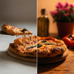Delicious pizza with melting cheese and fresh basil on wooden table
