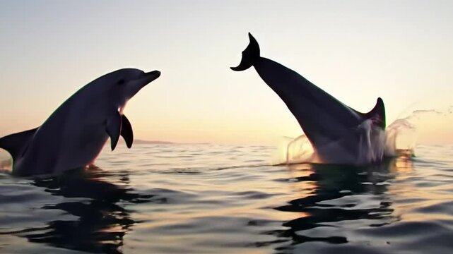 Two dolphins playing in the ocean at sunset, one leaping out of the water with its tail visible.