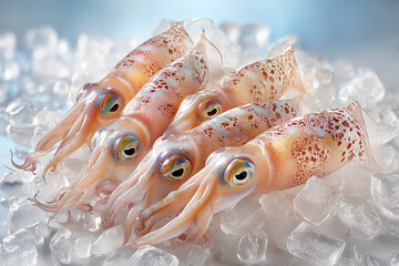 Fresh raw squid seafood on ice.