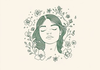 A green line drawing of the head and shoulders of a person sleeping in flowers