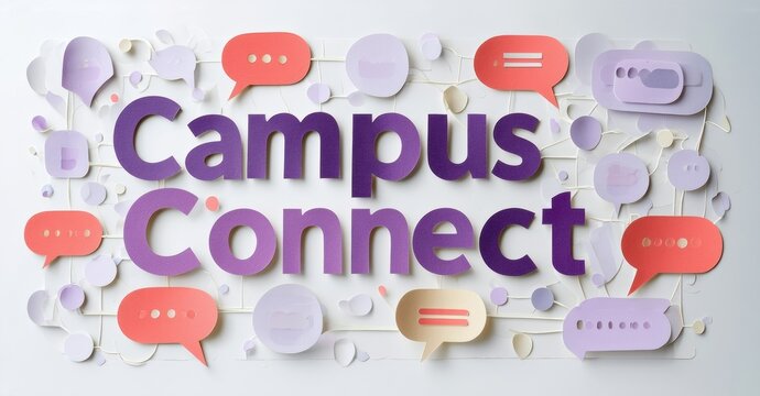 Purple text reads Campus Connect. Background features various speech bubbles, suggesting communication, networking, interaction. Modern design.