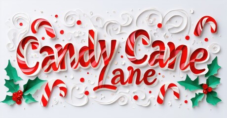Obraz premium Festive lettering spells Candy Cane Lane. Red, white swirls, holly leaves create cheerful holiday design. Bright, joyful imagery.