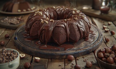 Chocolate hazelnut ring cake drizzled with ganache on wooden table