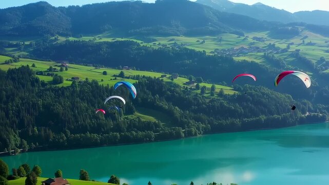 Colorful paragliders soaring above a vibrant turquoise mountain lake, surrounded by lush green landscapes and clear skies, capturing freedom and ad...