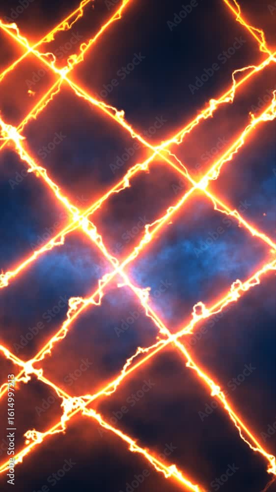 Poster abstract electric grid of glowing blue lightning bolts intersecting in a crisscross pattern on a dar