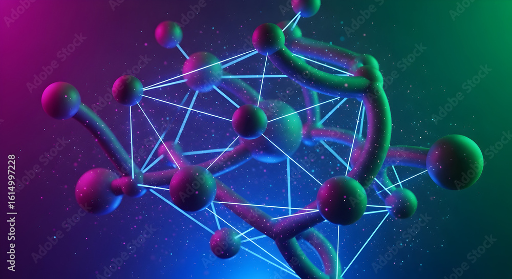 Poster abstract digital network with glowing spheres and interconnected lines representing data flow