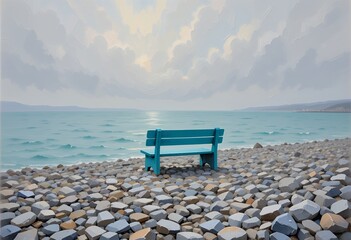 Solitary blue bench overlooking a calm sea on a rocky shore under cloudy skies