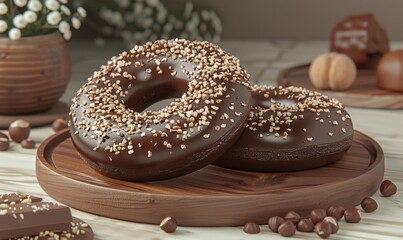 Chocolate glazed ring donuts with sprinkled nuts resting on wooden plate