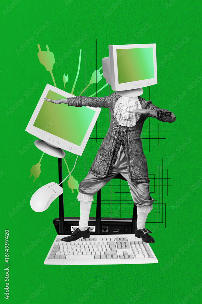 Poster 3d sketch image vertical collage of anonym girl guy instead head pc monitor addiction technology wif