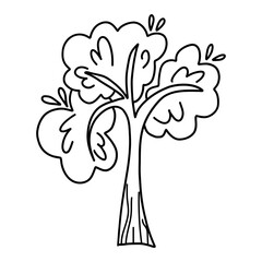 Hand-drawn cartoon tree illustration with bold trunk and leafy crown. Perfect for kids coloring books and nature-themed designs.  