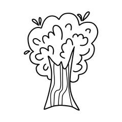 Hand-drawn cartoon tree illustration with bold trunk and leafy crown. Perfect for kids coloring books and nature-themed designs.  