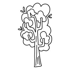 Hand-drawn cartoon tree illustration with bold trunk and leafy crown. Perfect for kids coloring books and nature-themed designs.  