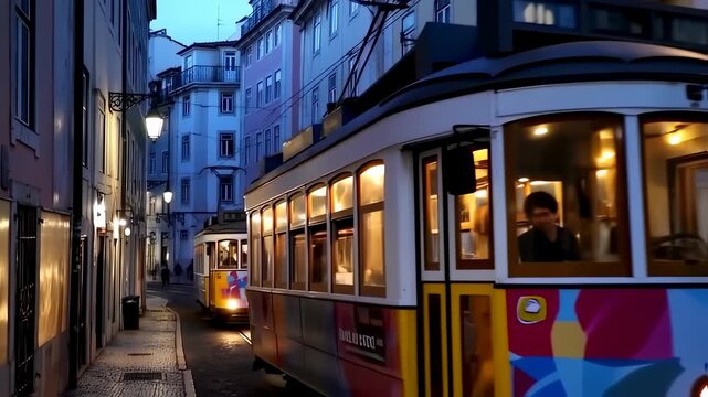 Illuminated vintage trams on a narrow European city street at dusk, showcasing urban charm and historic transport.