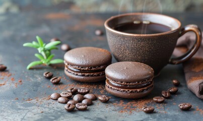 Chocolate macarons and coffee still life with eye level close up view