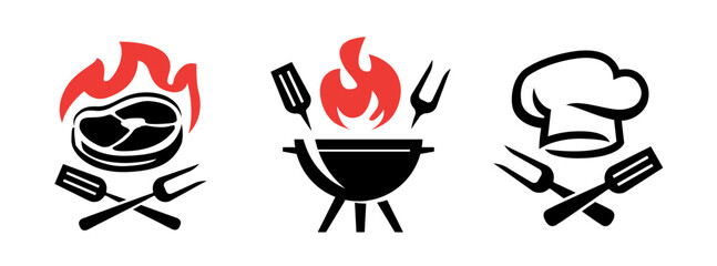 Barbecue grill icons. Cooking outdoors emblem. Street food fast food concept. Symbols for restaurant or cafe menu