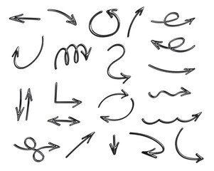 A collection of 21 high-resolution 3D arrows designed in liquid metal style, featuring chrome, silver, and fluid textures. Each arrow varies in direction — left, right, up, down, curved, wavy