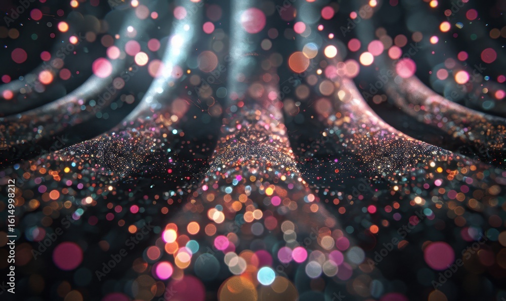 Poster abstract particle art with blurred lights and shimmering bokeh background