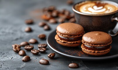 Chocolate macaroon delight with coffee beans and a cup of coffee still life