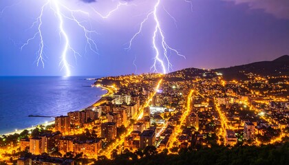 Coastal city at night illuminated, struck by dramatic lightning