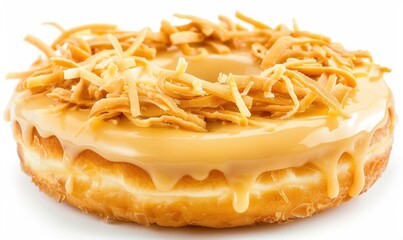 Coconut caramel donut overhead close up isolated confectionery still life