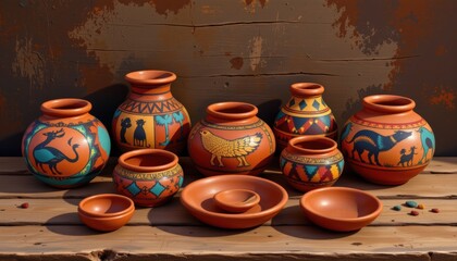 illustrated composition of native american clay pottery decorated with bright patterns and animal sy