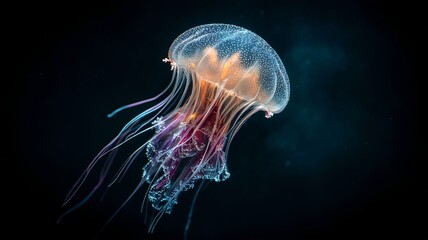 A jellyfish with luminescent tentacles is swimming beautifully in the dark sea.