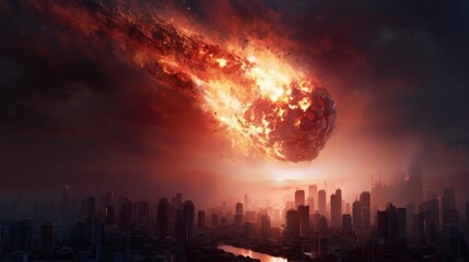 Big asteroid burning rock falling from the sky at night over cityscape apocalypse