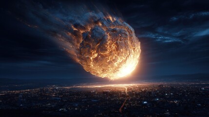 Big asteroid burning rock falling from the sky at night over cityscape apocalypse