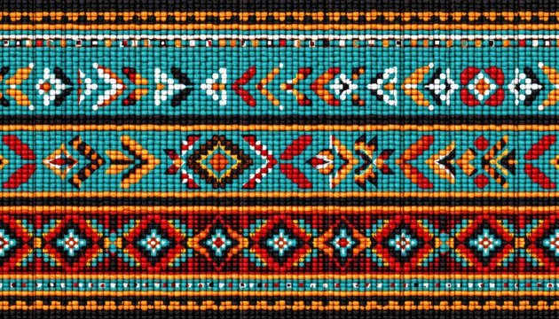 decorative border pattern made from interlocked native american bead designs in turquoise, red