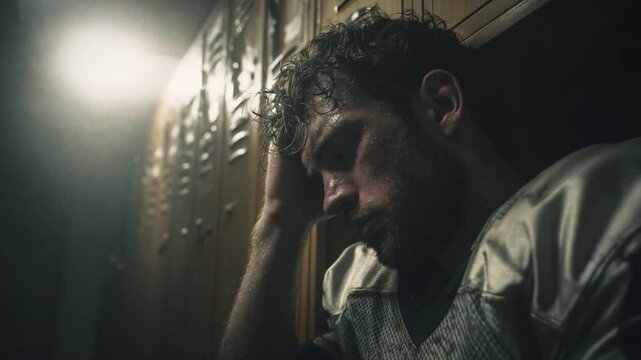 Emotional Football Player in Locker Room After Match, Reflecting on Loss and Perseverance Under Dim Lighting