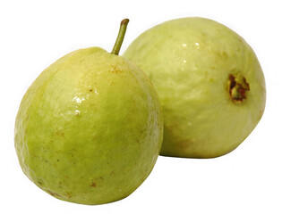 Two ripe green guavas with water droplets on their skin isolated on transparent background