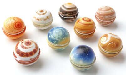 Collection of spherical glass orbs with varied color patterns and designs